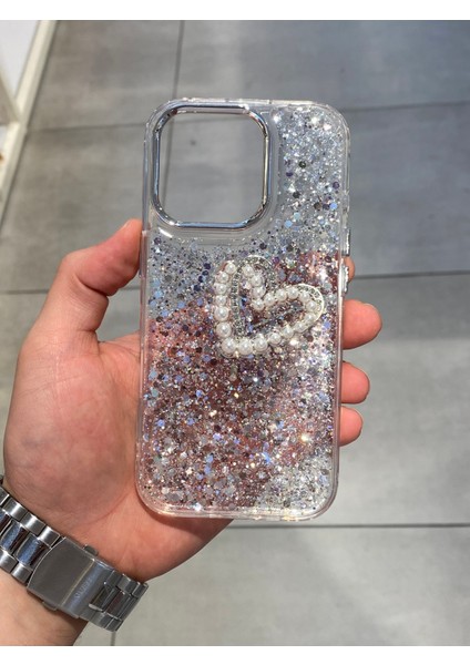 Iphone 16 Pro Uyumlu Işıltılı Kalp Figürlü Şeffaf Epoksi Sert Silikon Kılıf