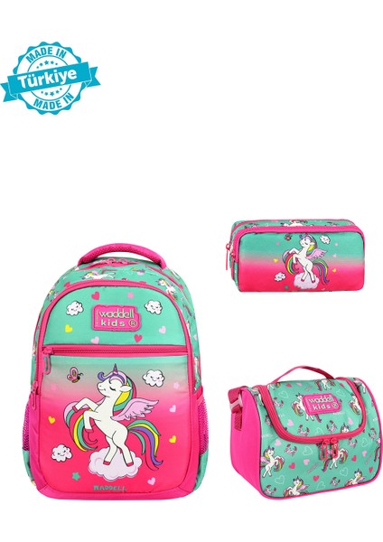 Royalglow Kombin Fuşya Unicorn Ilkokul Çantası ve Termal Beslenme Çantası Kalemlikli Set