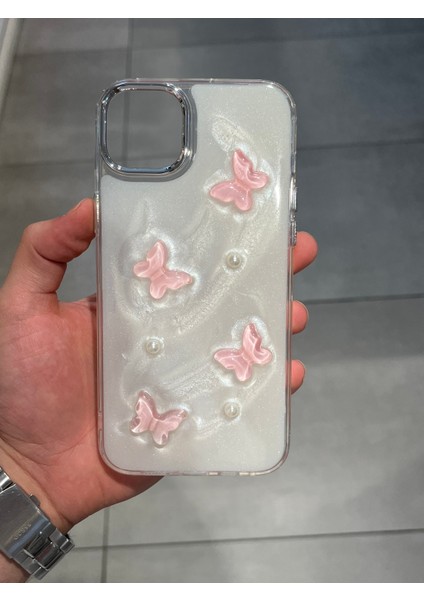 Iphone 14 Plus ve 15 Plus Uyumlu Kelebek Figürlü Epoksi Tasarım Sert Şeffaf Silikon Kılıf