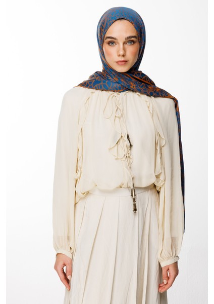 Lavin Desen Çift Taraflı Şal Petrol Mavisi-Turuncu