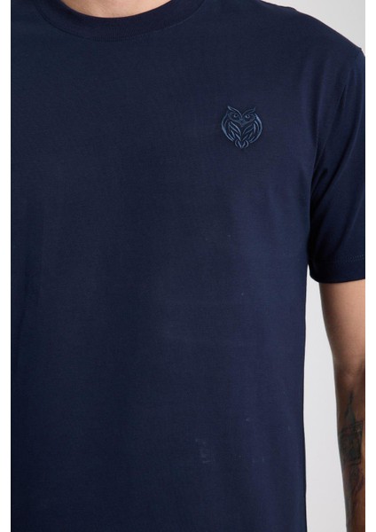 Erkek %100 Pamuk Relax Fit Baykuş Nakışlı T-Shirt