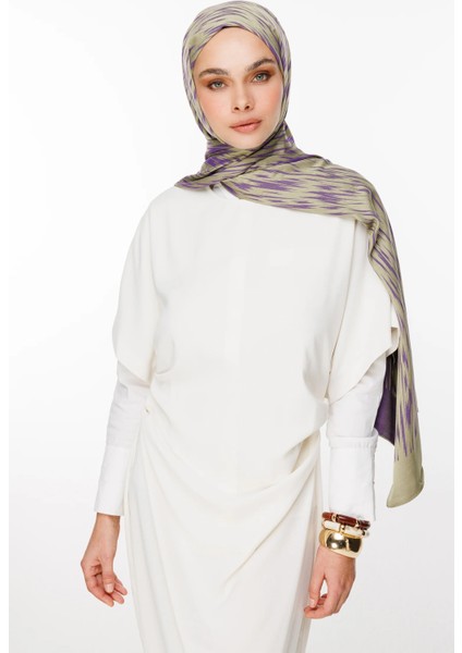 Selis Desen Çift Taraflı Şal Zeytin-Mor