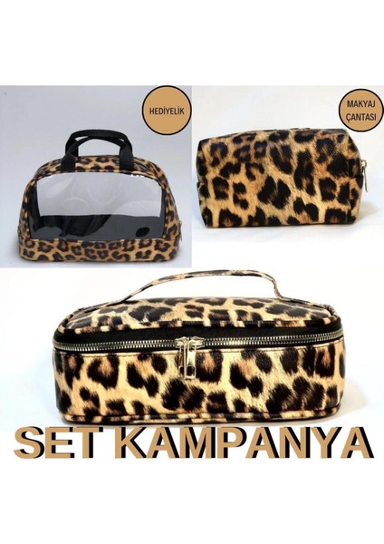 Leopar Desenli Kadın Takım Seti, Kişisel Bakım, Çeyiz, Kozmetik, Makyaj Çantası