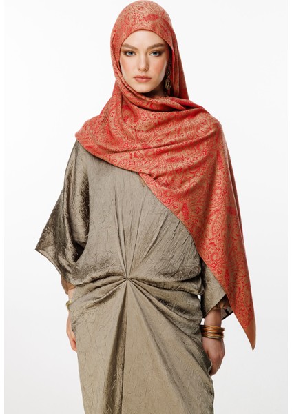 Velora Desen Çift Taraflı Şal Vizon-Kırmızı