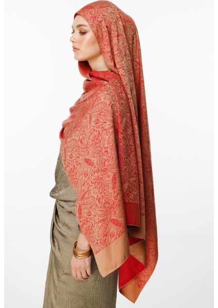 Velora Desen Çift Taraflı Şal Vizon-Kırmızı modelleri