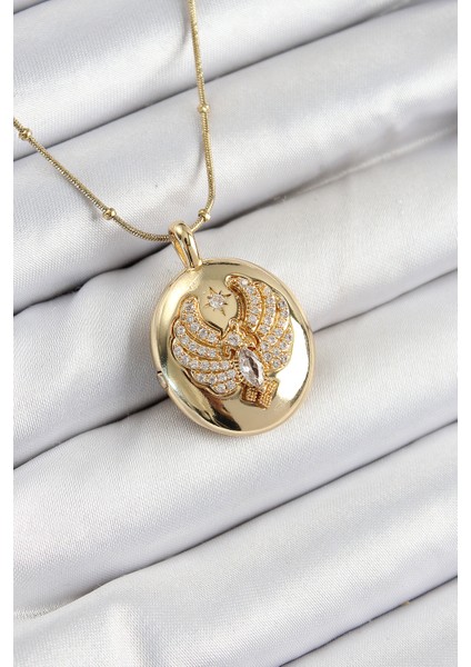 316L Çelik Zincir Açılabilir Anka Kuşu Model Zirkon Taşlı Gold Renk Kadın Kolye - Lisinya