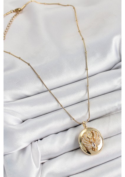 316L Çelik Zincir Açılabilir Anka Kuşu Model Zirkon Taşlı Gold Renk Kadın Kolye - Lisinya modelleri