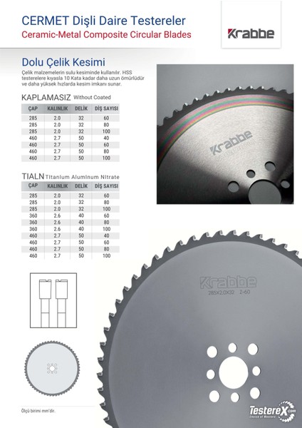 Krabbe 285X2X32MM 60 Diş Cermet Daire Testere Bıçağı - Sert Çeliklerin Sulu Kesimi Için fiyatları
