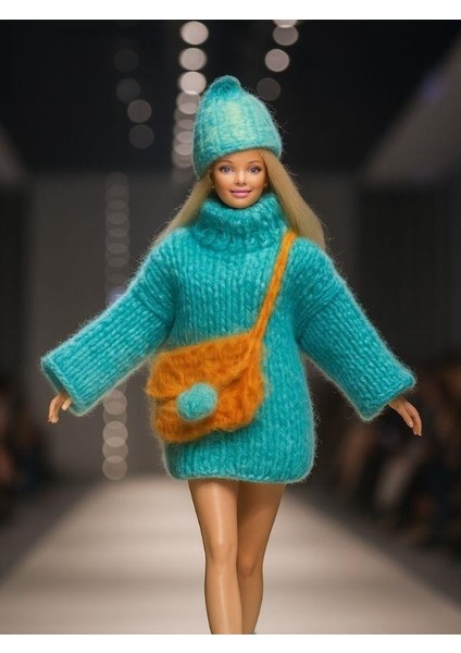 Barbie Bebek Için El Örgüsü Kazak Çanta Şapka Üçlü Kombin (Barbie Bebek Dahil Değildir)