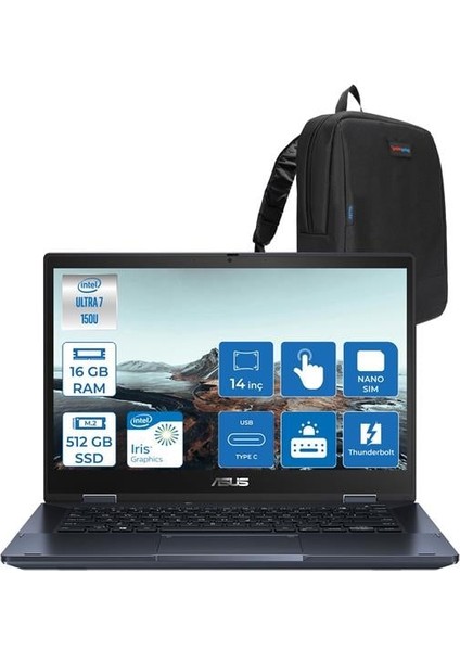 Expertbook Intel Core Ultra 7 150U 16GB 512GB SSD Intel Iris x Graphics 14" Fhd 4g Sim Windows 11 Home Dokunmatik Taşınabilir Bilgisayar B3402FVAH01 + Zettaçanta
