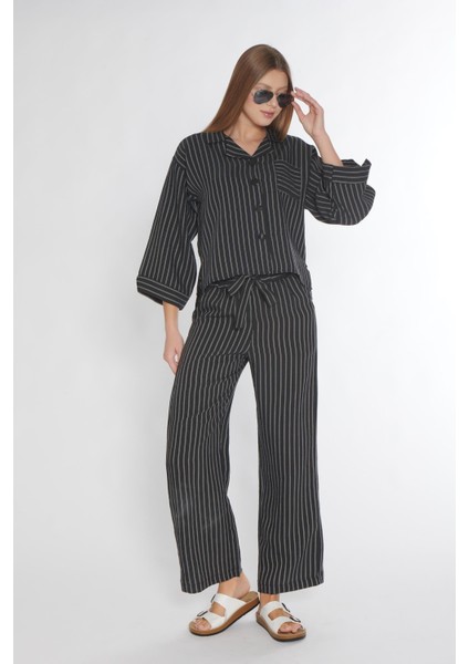 Boydan Düğmeli Keten Dokuma Siyah Boyuna Çizgili Pijama Takımı Flz 88-117