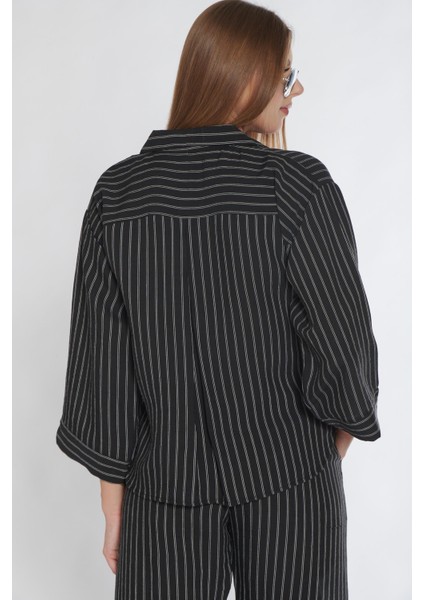 Boydan Düğmeli Keten Dokuma Siyah Boyuna Çizgili Pijama Takımı Flz 88-117 modelleri