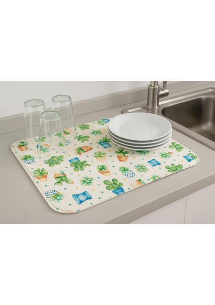 Su Emici Kaktüs Desenli Bulaşık Kurutma Matı 42X34 cm Tek Taraflı fiyatları