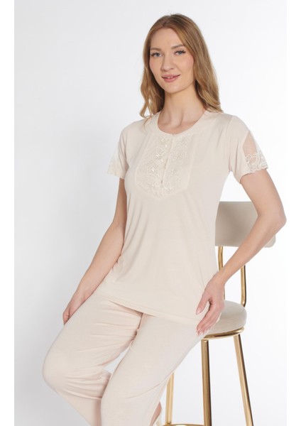 Kısa Kol Klasik Zakkum Pijama Takımı Dantel Detaylı Flz 88-114 fiyatları