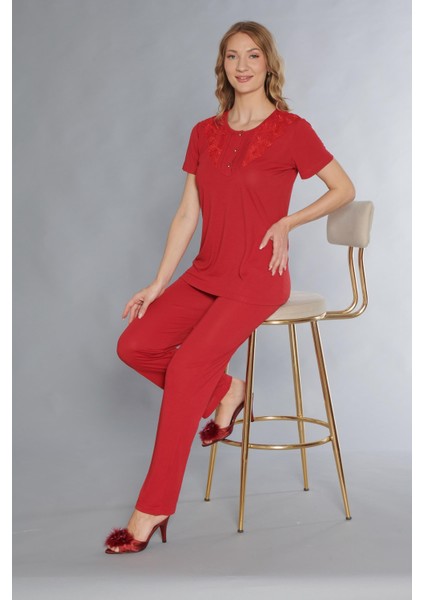 Kısa Kol Klasik Zakkum Dantel Detaylı Pijama Takımı Flz 88-120 modelleri