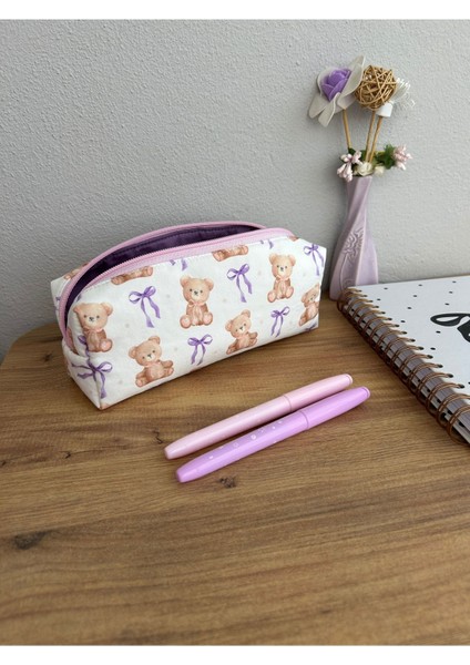 Mor Fiyonklu Sevimli Ayıcık Makyaj ve Kalem Çantası, 20X7X6CM, Çok Renkli Tasarım