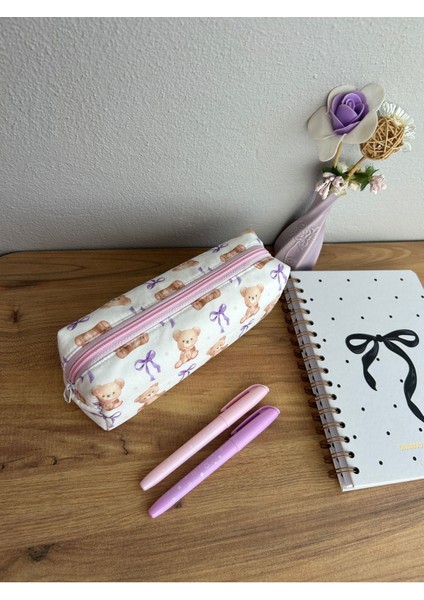 Mor Fiyonklu Sevimli Ayıcık Makyaj ve Kalem Çantası, 20X7X6CM, Çok Renkli Tasarım fiyatları