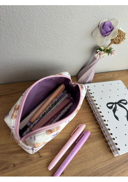 Mor Fiyonklu Sevimli Ayıcık Makyaj ve Kalem Çantası, 20X7X6CM, Çok Renkli Tasarım modelleri