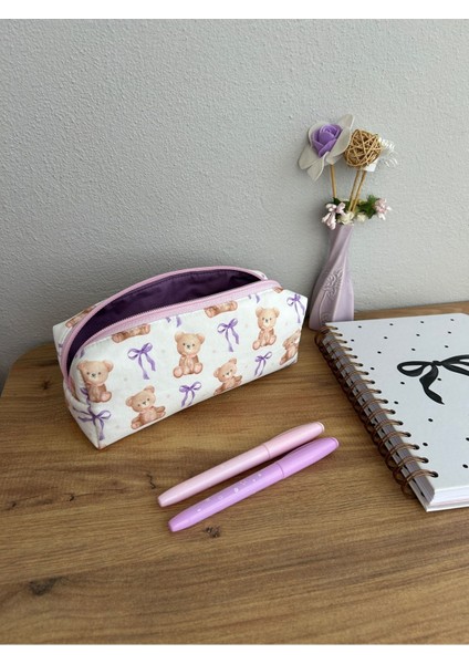Mor Fiyonklu Sevimli Ayıcık Makyaj ve Kalem Çantası, 20X7X6CM, Çok Renkli Tasarım fırsatları