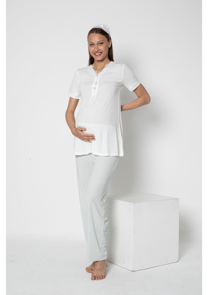 Lohusa Hamile Dantel Detaylı Kısa Kol Pijama Takımı Emzirme Hastane Çıkışı Flz 24-72