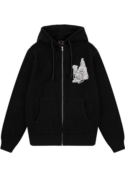 Yasmin V3 Zip Up Knit - %100 Pamuk, Siyah, Kutulu Kesim, Makinede Yıkanabilir