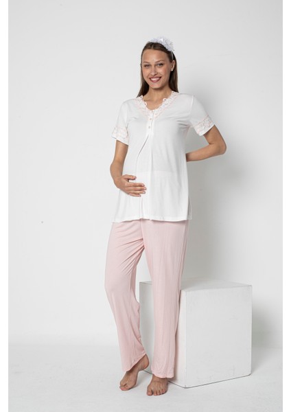 Lohusa Hamile Dantel Detaylı Kısa Kol Pijama Takımı Emzirme Hastane Çıkışı Flz 24-72