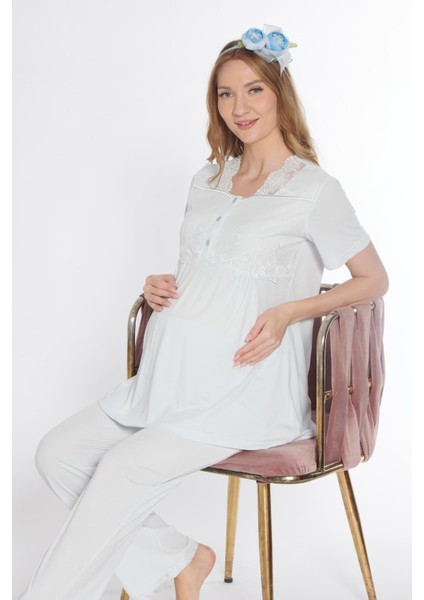 Lohusa Hamile Dantel Detaylı Kısa Kol Pijama Takımı Emzirme Hastane Çıkışı Flz 24-73