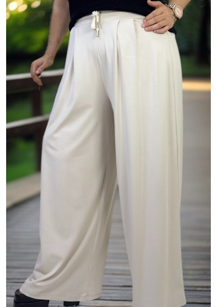 Ful Likralı Ön Arka Pileli Beli Lastikl Geniş Paça Büyük Beden 2 Iplik Penye Pantolon