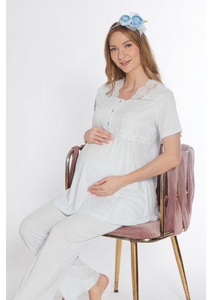 Lohusa Hamile Dantel Detaylı Kısa Kol Pijama Takımı Emzirme Hastane Çıkışı Flz 24-73 modelleri