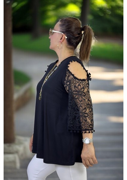 Pencere Detaylı Kolları Dantel Bisiklet Yaka Büyük Beden Bluz Siyah fiyatları