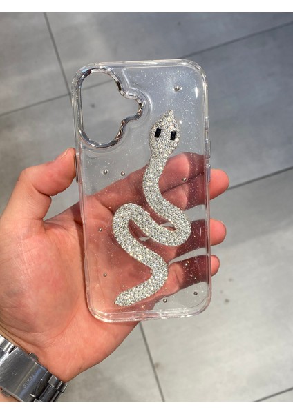 Iphone 16 Uyumlu Yılan Figürlü Epoksi Tasarım Sert Şeffaf Silikon Kılıf