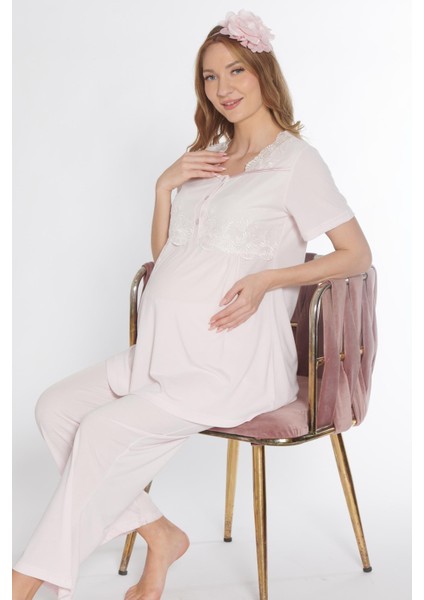 Lohusa Hamile Dantel Detaylı Kısa Kol Pijama Takımı Emzirme Hastane Çıkışı Flz 24-73