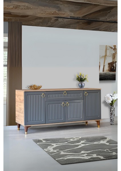 Arya Konsol Antrasit 4 Kapaklı 1 Çekmeceli Atlantik Çam Gold Detaylı 160x80x44 Cm