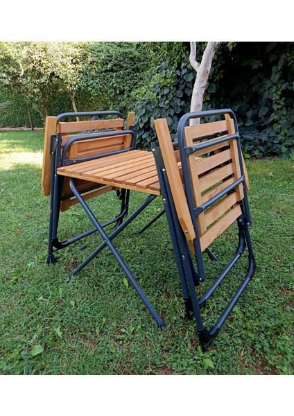 Metal Iskeletli Ahşap Piknik / Bahçe Bistro Set (2 Sandalye + 1 Sehpa)