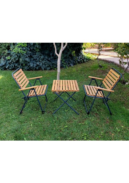 Metal Iskeletli Ahşap Piknik / Bahçe Bistro Set (2 Sandalye + 1 Sehpa)