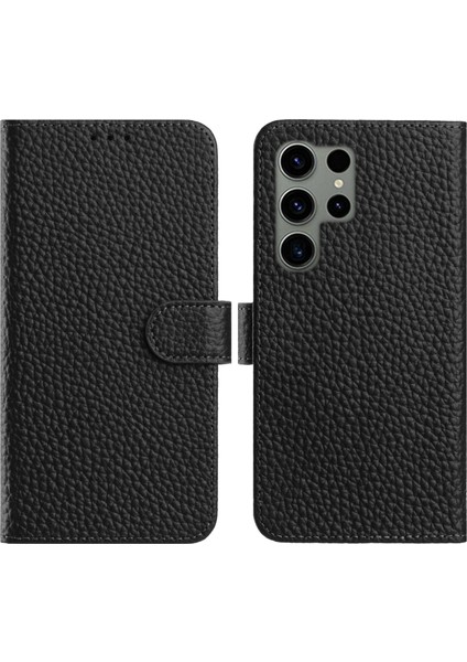 Samsung Galaxy S23 Ultra Cüzdan Standı Litchi Dokulu Inek Derisi Kapaklı Telefon Kılıfı (Yurt Dışından)