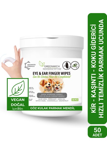 Göz Kulak Temizleme Parmak Mendil Tahriş Giderici Hijyenik Islak Mendil Kedi Köpek Vegan Bitkisel Içerikli 50 Adet