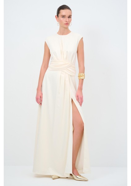 Pilise Detaylı Uzun Elbise Kemik 124L9502000