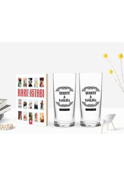 Renkli Baskılı, Şerefe ve Sağlığa Tasarımlı Ikili Rakı Bardağı ve Cep Kitabı