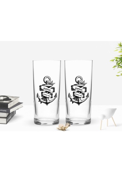 Renkli Baskılı Kaptan Tasarımlı Çiftli Rakı Bardağı Takımı - 6 Kişilik