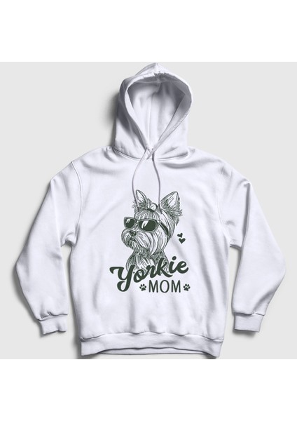 Unisex Beyaz Yorkie Mom Mama Yorkshire Terrier Annesi Kapüşonlu Sweatshirt