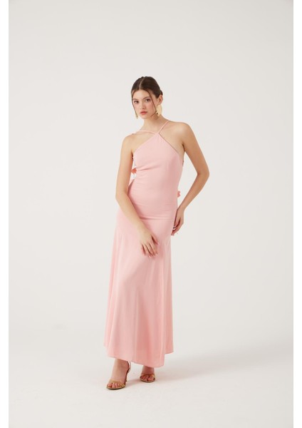 Askıları Yaprak Detaylı Uzun Raina Elbise Pembe modelleri
