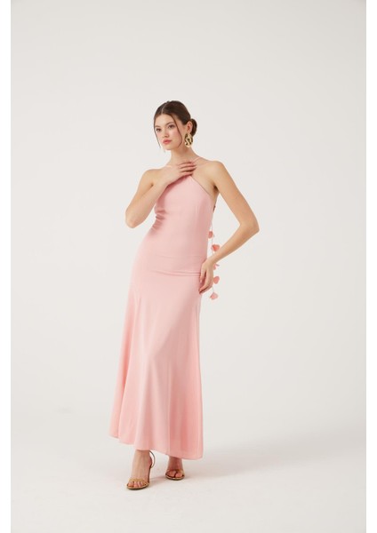 Askıları Yaprak Detaylı Uzun Raina Elbise Pembe indirimleri