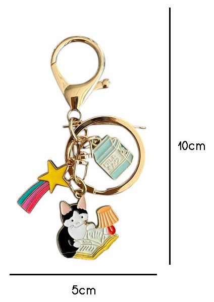 Gökkuşağı Kitapsever Kedi Metal Charm Anahtarlık