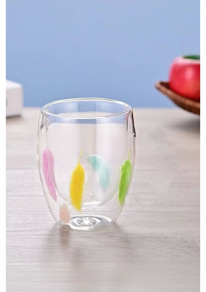 4'lü Çift Cidarlı Tüylü 350ML Cam Kupa Seti, Ev ve Ofis Için Şık Sunum Bardakları fiyatları