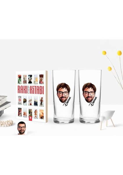 Renkli Kişiye Özel Erkek Yüz Karikatürlü Ikili Rakı Bardağı ve Cep Kitabı Seti