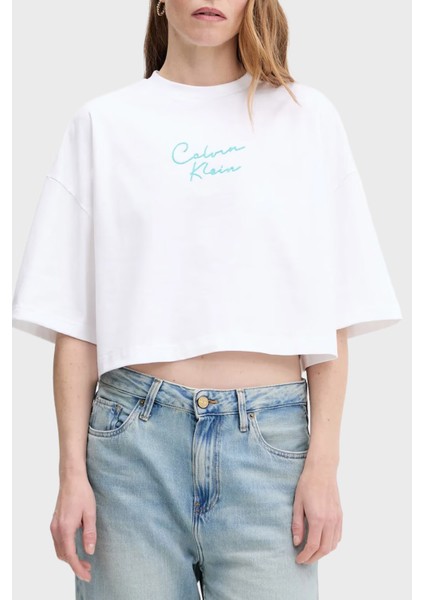 Pamuklu Relaxed Fit Işleme Logolu Crop T Shirt LV047C202GYAA Bayan T Shirt LV047C202G Yaa