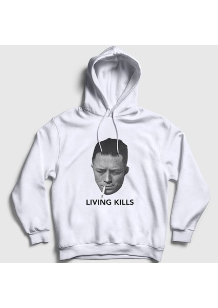 Unisex Beyaz Living Kills Albert Camus Kapüşonlu Sweatshirt