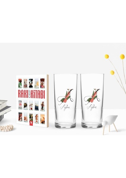 Renkli Kişiye Özel Harf ve Isim Tasarımlı Ikili Rakı Bardağı ve Cep Kitabı Seti