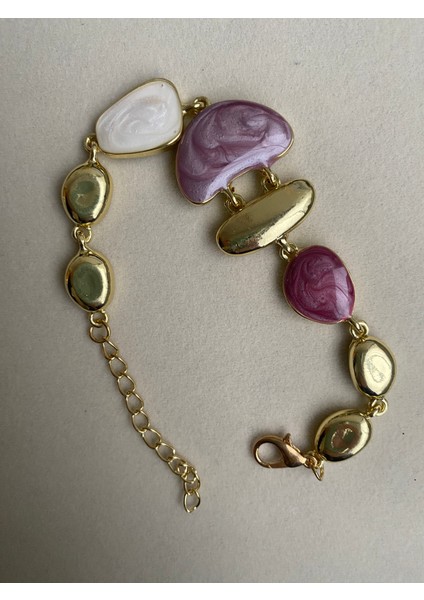 Özel Seri Pembe Beyaz Hareli Asimetrik Gold Plaka Detay Bileklik